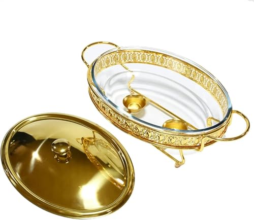 Juego de buffet de olla caliente, calentador de alimentos de vidrio con plato de alimentos, estante de combustible, tapa y soporte inferior para bodas, fiestas, banquetes, 1,5 L (1,5 L) (2 L)