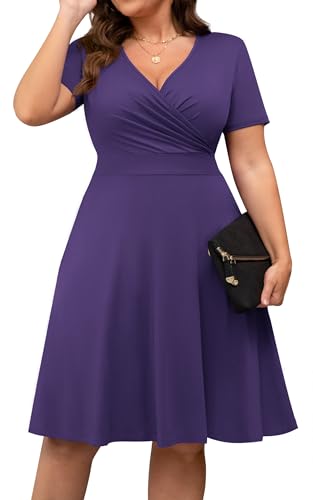 Image of POSESHE Womens Plus Size Dresses Summer Short Sleeve Wrap V-Neck Sundress Casual Wedding Guest Cocktail Dress with Pockets