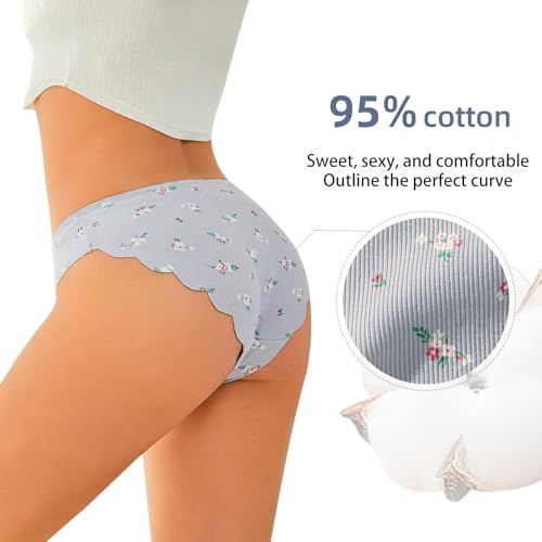 Seamless Underwear for Women Cotton Bikini Flower print Hipster Wavy Sides Invisibles Cheeky Panties 5 Pack2