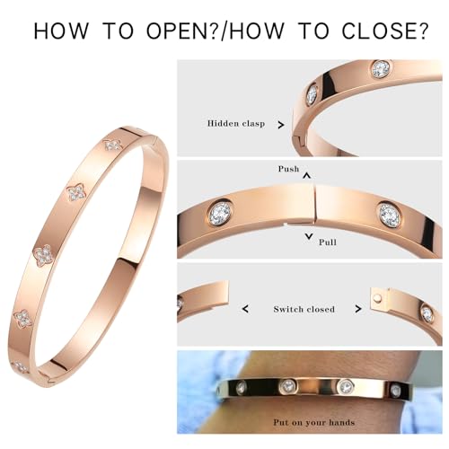 BOLAGTIER 14K Gold Plated Four Leaf Clover Bangle Bracelet (Rose Gold-M) - image 5