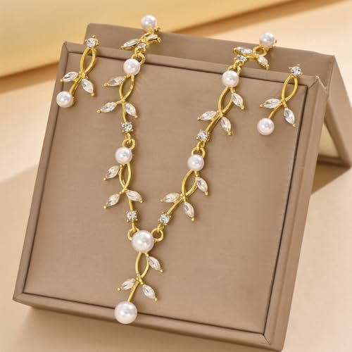 Unicra Pearl Wedding Jewelry Sets Gold Rhinestone Necklace Earrings Sets Prom Bridal Formal Jewelry for Women and Brides (Gold) by Unicra - Used condition - Image 7