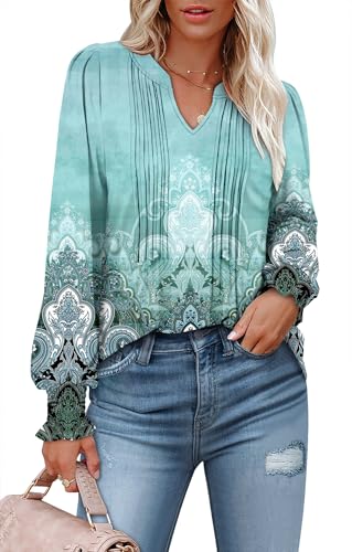 BETTE BOUTIK Long Sleeve Shirts for Women Fall Tops Dressy Blouses Pleated V Neck Tunic Tops for Leggings S-3XL