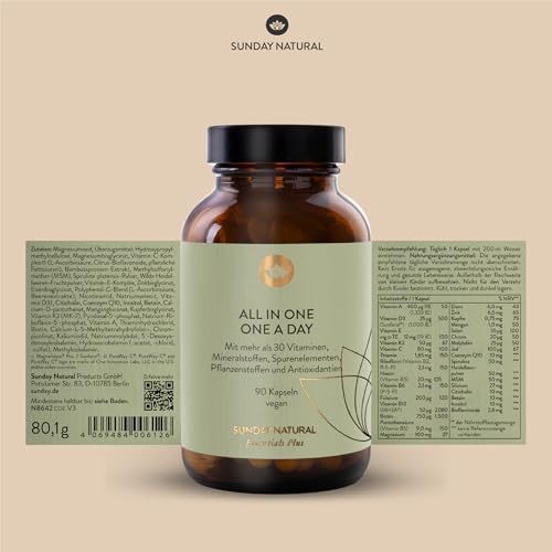 SUNDAY NATURAL® Multivitamin Komplex - All in One – Premium Rundum-Versorgung mit nur 1 Kapsel: 30 A-Z Vitamine, Mikronährstoffe – 90 vegane Vitamin Kapseln - Laborgeprüft und Ohne unnötige Zusätze