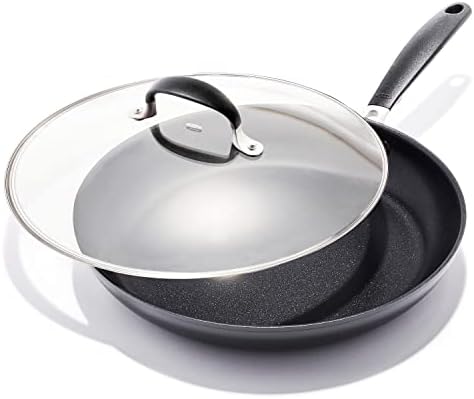 OXO Good Grips 12" Frying Pan Skillet with Lid, 3-Layered German Engineered Nonstick Coating, Stainless Steel Handle with Nonslip Silicone, Black