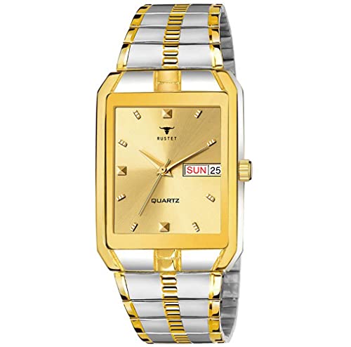 RUSTET Analogue Waterproof Men's Day and Date Watch (Gold Square Dial Gold Strap,IGPTT), Gold, strap