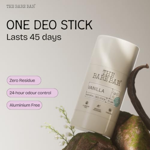 Image of The Bare Bar Vanilla Natural Deodorant Stick 75g | Up to 24-Hour Odour Control | Long-Lasting Freshness | Aluminium-Free, Baking Soda-Free | No White Marks, No Staining | For Men & Women