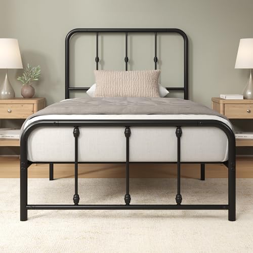 Image of Zinus Leonardo Metal Platform Bed Frame, Victorian Spindle Style Headboard and Footboard, Heavy Duty Bed Base, Ample Underbed Space, Twin
