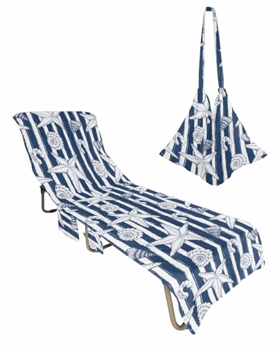 Blue Coastal Beach Lounge Chair Towel Cover, Soft Chaise Lounge Towel with Side Pockets Patio Pool Chairs Cover for Beach/Pool Sunbathing 29x85 Beach Starfish Shell Seaside Blue White Striepd