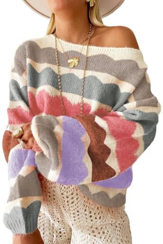 Image of Urchics Womens Fall Long Sleeve Knit Sweater Oversized Drop Shoulder Striped Color Block Winter Pullover Sweater Tops