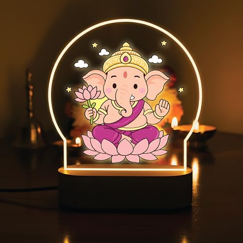 Image of Giftplease Lord Ganesha LED Table Lamp - Warm White Decorative Night Light - Divine Bal Ganesha & Mooshak Artwork for Home, Office, and Pooja Room GL 02