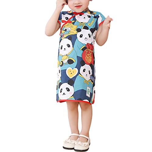 Girls Chinese Cheongsam Dress Panda Print Summer Sleeveless Princess Party Qipao with Fringed Hairpin2