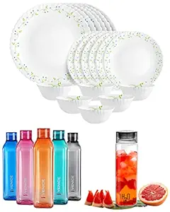 Opalware Dazzle Tropical Lagoon Dinner Set, 18Pcs, White & Venice Plastic Bottle Set, 1 Litre, Set of 5, Assorted & H2O 1000 Glass Fridge Water Bottle, 920ml, Black, Set of 1