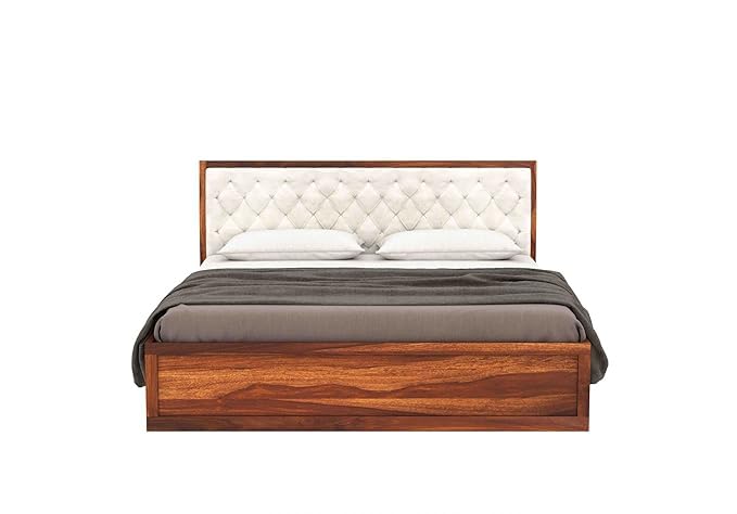 Image of DRIFTINGWOOD Dolvi Sheesham Wood King Size Bed with Box Storage and 2 Bed Side Table, Upholstered Headboard Bedroom Set with Drawers, King Size, Natural Finish (3 Piece Bundle)