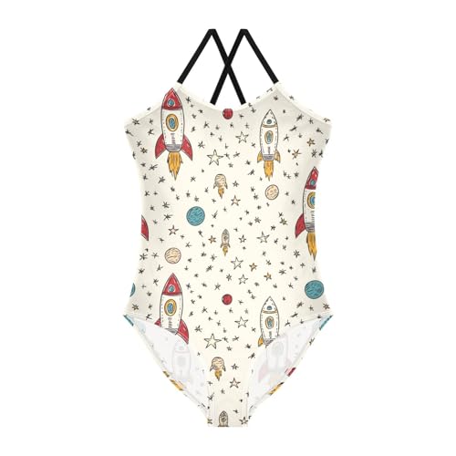 Cartoon Rocket Planet Hand Drawn Girls Swimsuit One Piece Bathing Suit for Baby Girls' Swimwear 3-10T