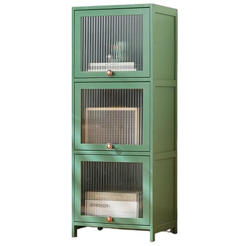 Gabinete de almacenamiento de bambú con estantes transparentes, estantería estrecha para oficina en casa y cocina, armario alto de lino independiente (verde, 40 x 32 x 106 cm)