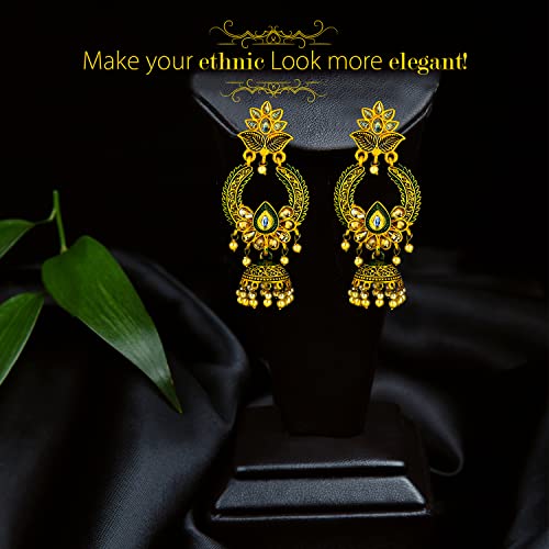 Golden Green Shade Flower Drop Earrings Traditional Ethnic Earpieces