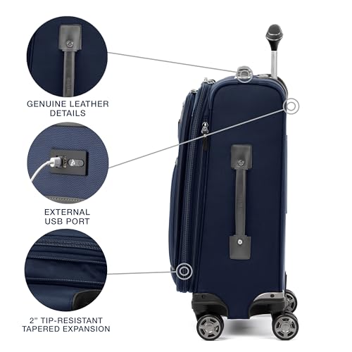 Image of Travelpro Platinum Elite Softside Expandable Carry on Luggage, 8 Wheel Spinner Suitcase, USB Port, Suiter, Men and Women, Dark Blue, Carry On 21-Inch