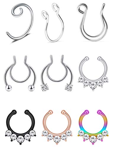 Oufksiyy Fake Nose Rings Hoop Face Septum Ring Clip on Spring Faux Lip Ring Helix Cartilage Earrings Surgical Steel Moon Ear Lobe Conch Non Piercing Jewelry for Women
