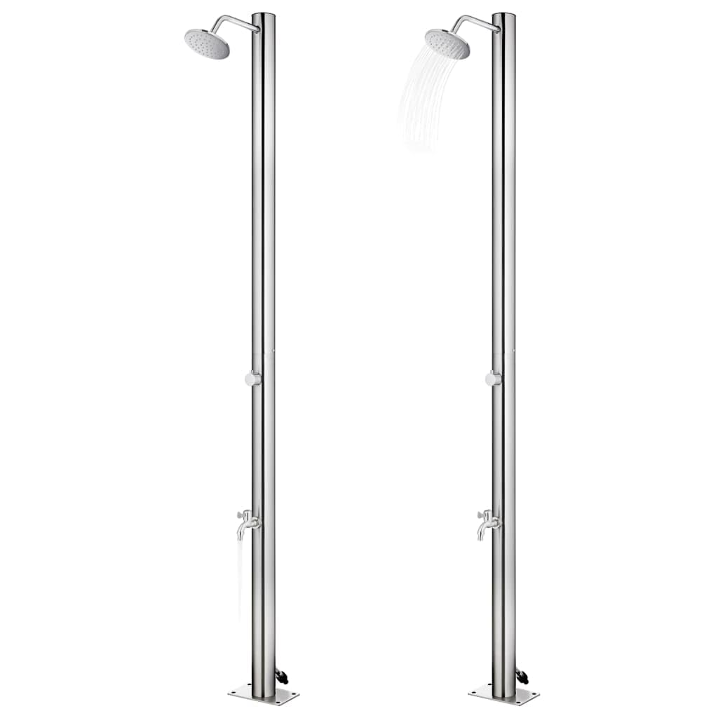 Ducha exterior de acero inoxidable de 220 cm con ducha de cabeza y grifo para lavar los pies, placa de suelo WPC gris, ducha de jardín para piscina y exterior