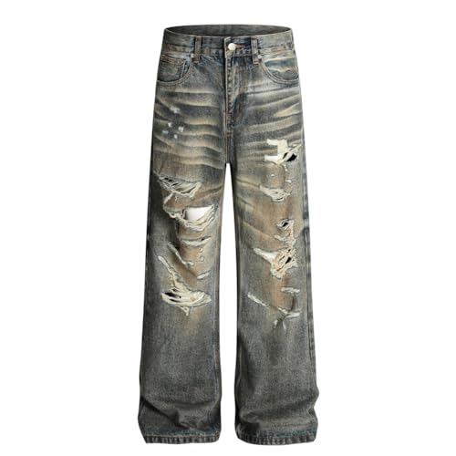 Men's Distressed Straight Jeans Ripped Denim Pants Streetwear Vintage Jeans Male