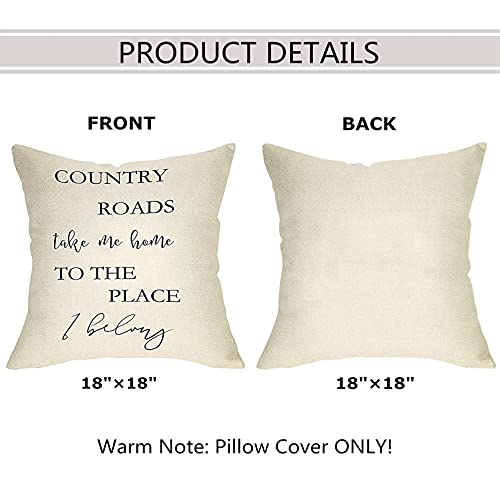 Image of Country Roads Take Me Home Sign Decorative Throw Pillow Cover, Vintage Quote Rustic Home Farmhouse Decorations, Seasonal Housewarming Gift Cushion Case for Sofa Couch Decor Cotton Linen 18 x 18