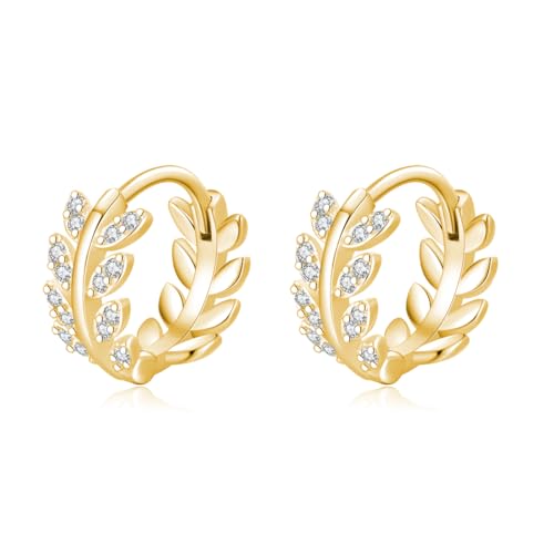 SLUYNZ Sterling Silver CZ Leaf Hoop Earrings for Women Teens Dainty Olive Leaf Hoop Earrings Huggie