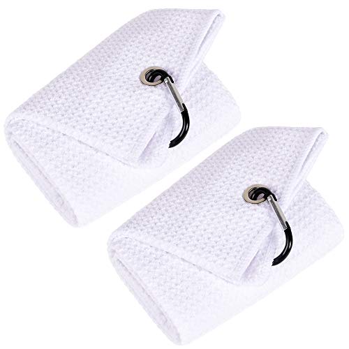 Mile High Life 2 Pack White Microfiber Tri-Fold Golf Towels with Carabiner Clip Water Absorbent Size 16x21