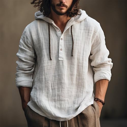 Mens Long Sleeve Linen Shirts with Hood V Neck Button Up Sweatshirts Big and Tall Casual Pullover Hippie Shirts2