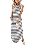Zeagoo Womens Black and White T Shirt Dress Vertical Striped Dress for Women Casual Summer Dress Split Long Dress, Black Striped,XL