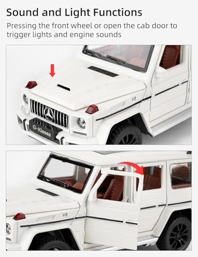 Image of 1:32 Scale Car Model Compatible Collectible Benz G63 AMG Diecast Toy Vehicle, Zinc Alloy Pull Back Toy Car with Sound and Light for Adults, Boys, and Girls (White)