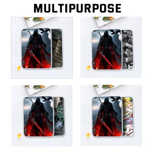 Image of Metal Tin Box with Lid,Multi-functional Storage Box Can Store Tea Biscuits Game Cards, Playing & Tarot Cards-Comes with 4 Magnetic Cord Clips,Dark Warrior with Red Sword