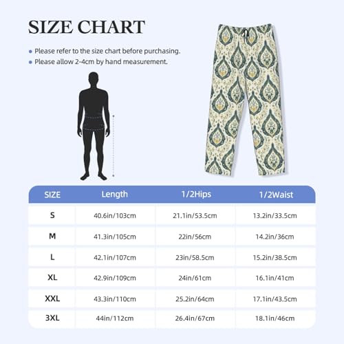 Mens Pajama Pants - Green Retro Pattern Print Soft Sleep Lounge Pants For Men, Casual Pj Bottoms With Pockets3