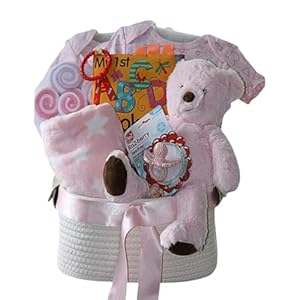 Baby Gift Basket for Girls with Cuddly Plush, 2 x Soft Blankets, 2 x One-Pieces, Washcloths, and a Storybook – Perfect for Newborn Girls and Baby Showers (Pink Bear)