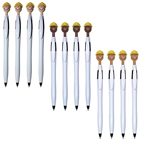 Multi- Cultural Safety Wild Smilez Pens - Black trim and Yellow safety hat - Set of 12 - Includes 4 Pens of Each Skin Tone - Light, Medium and Dark with Black Ink Cover