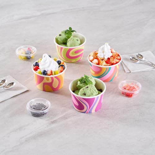 Image of Restaurantware Paper Cups 200 Count 8 Ounce Square Disposable Ice Cream Containers, Leak-Resistant Paper Dessert To Go Cups, Hot And Cold Food, Durable Assorted Groove Swirl Design