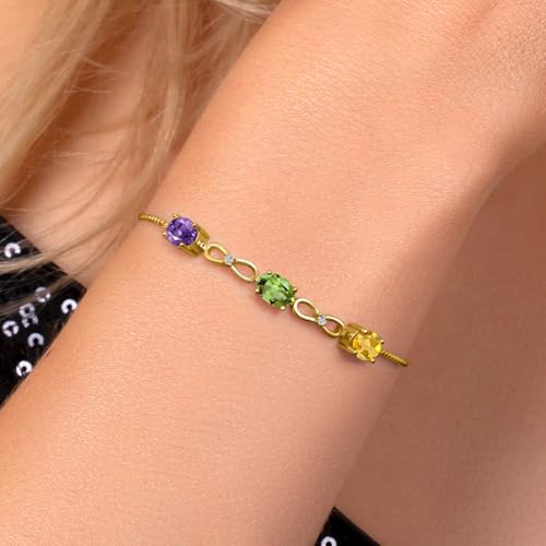18K Yellow Gold Plated Silver Customized and Personalized 3 Gemstone Birthstone and White Lab Grown Diamond Tennis Infinity Bracelet For Women (2.27 Cttw, Oval 7X5MM, Fully Adjustable Up to 9 Inch)4