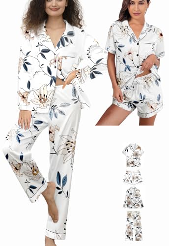 4Pcs Womens Silk Satin Pajama Sets Floral Pajamas Silky Pj Sets XS-2XL Button Down Pjs Set Loungewear Sleepwear