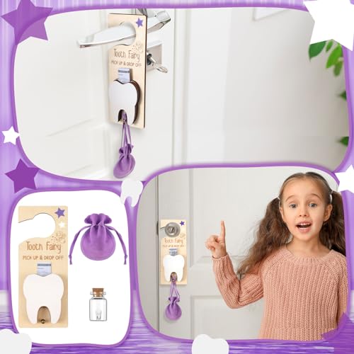 Image of DoubleFill Fairy Tooth Gift Holder Bag Door Hanger Lost Teeth Keepsake Box Tooth Fairy Kit Stores Back to School Gift for Lost Teeth Boy Girl Primary School Classroom Gifts(Classic,Purple)
