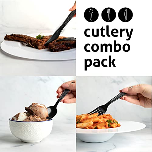 Heavy Weight Plastic Silverware Set - 200 Forks, 100 Knives, 100 Spoons - Disposable Cutlery Combo (Black)