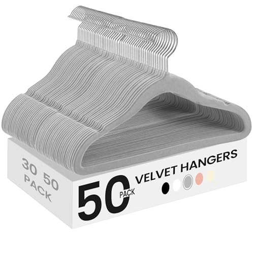 Image of SONGMICS Baby Kids Hangers 50 Pack for Closet, 11.8 x 8.1 Inches, Silver 360° Swivel Hooks, Space-Saving Clothes Velvet Hangers for Nursery, Non-Slip, Dove Gray UCRF027G05