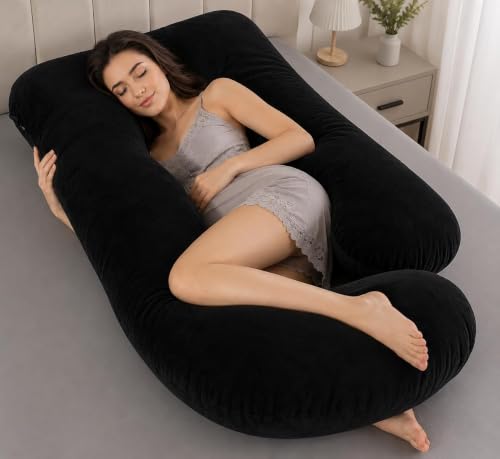 Image of Full Body Pillows for Sleeping Cooling Pregnancy Pillow,U Shaped Pregnancy Body Pillow for Women,Maternity Pillows for Pregnant Women & Removable Washable Velvet Cover Black