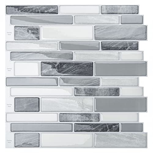 LONGKING Wall Stickers Self-Adhesive Kitchen Backsplash, Marble Look Decorative Tiles 10 Pack (Grey)