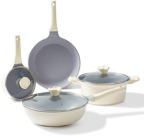 Redchef Ceramic Pots and Pans Set - 7 Piece Non Stick Cookware Set, Healthy and Non Toxic, PFAS PFOA & PTFE Free (Cream)