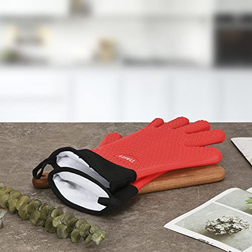 Image of Kitchen Oven Gloves - Dual-Layer Heat Resistant Grilling Gloves, Silicone Oven Mitts with 5 Fingers, Waterproof Non-Slip Pot Holder for Barbecue, Cooking, Baking (XL-XXXL, Red Long)