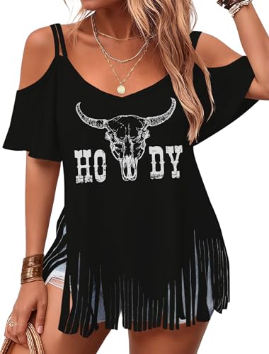 SWTJIC Cowgirl Shirts for Women: Western Cowgirl Fringe Outfits Cow Skull Graphic V Neck Cold Shoulder Tops Black M