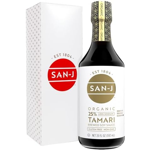 San-J - Organic Gluten Free Tamari Soy Sauce with 25% Less Sodium - Specially Brewed - Made with 100% Whole Soy - 20 oz. Bottle Cover