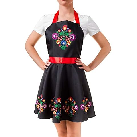 Froster Nitly Folk - Dress Apron, Kitchen Pinafore for Women, Folk Floral Apron, Vintage, Waterproof Black Cover