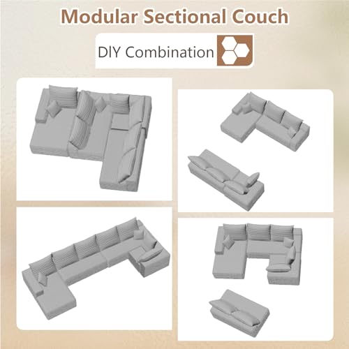 Image of Oversized Modular Sectional Sofa Couch, Large 6 Seater Corner Sofa Modern U Shaped Sectional Couch Cloud Couches for Living Room, Office, Spacious Space, Corduroy,No Assembly Required, Light Grey