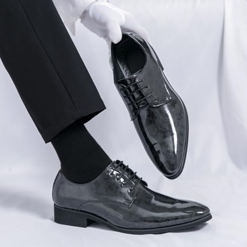 Mens Retro Printed Patent Leather Lace Up Dress Oxfords Shoes Low Top Pointed Toe Non-Slip Chunky Heels Casual Dreby Shoes for Formal Business Wedding2