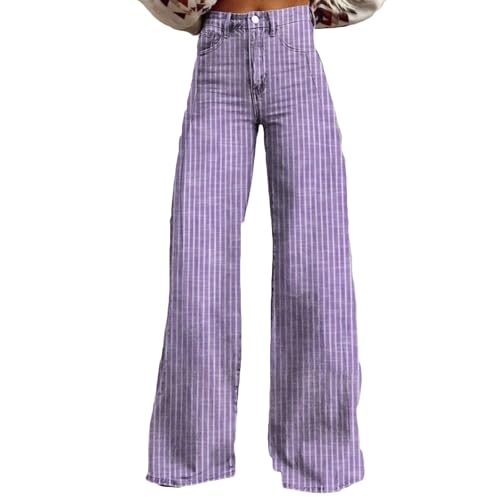 FZYLQY Women Y2K Striped Jeans High Waist Button Wide Leg Casual Denim Pants Bootcut Flare Boyfriend Trousers with Pockets